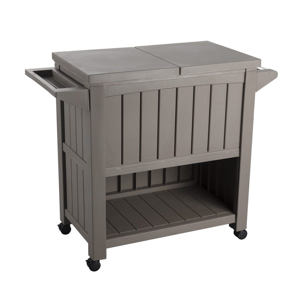 Outdoor Bar Serving Cart with Cooler in Taupe