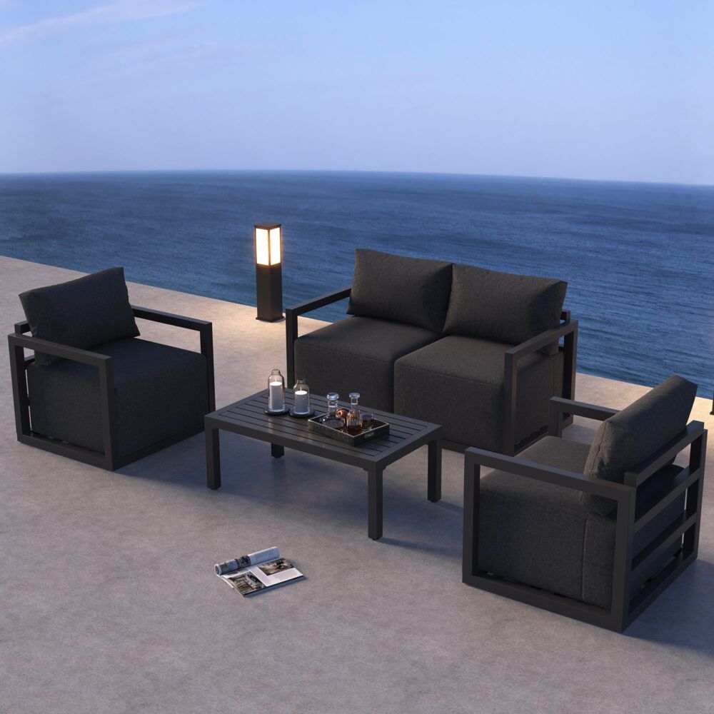Noosa charcoal grey aluminium outdoor lounge set on a sunny patio