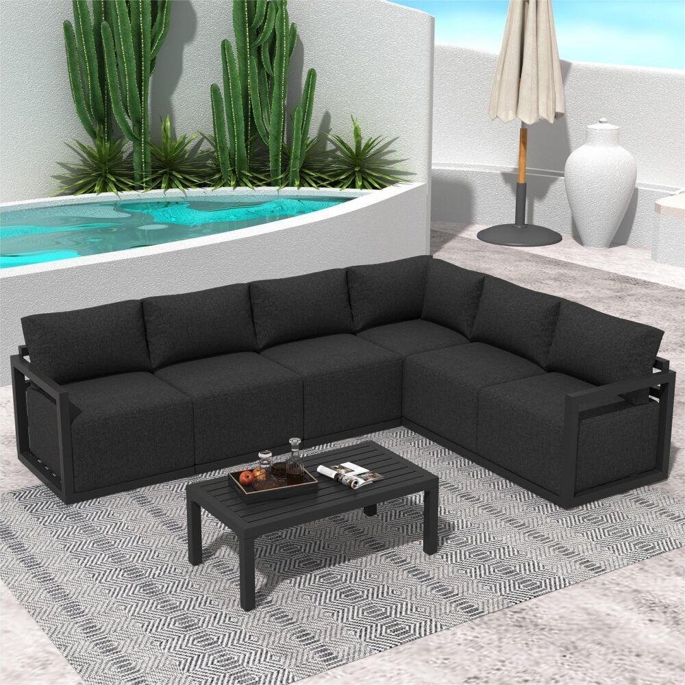 Noosa charcoal grey aluminium outdoor lounge set on a sunny patio