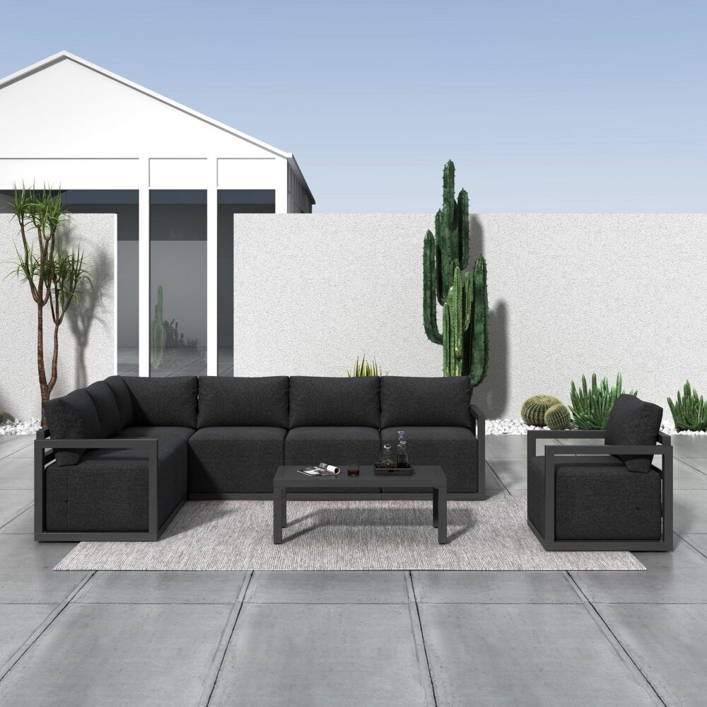 Noosa charcoal grey aluminium outdoor lounge set on a sunny patio