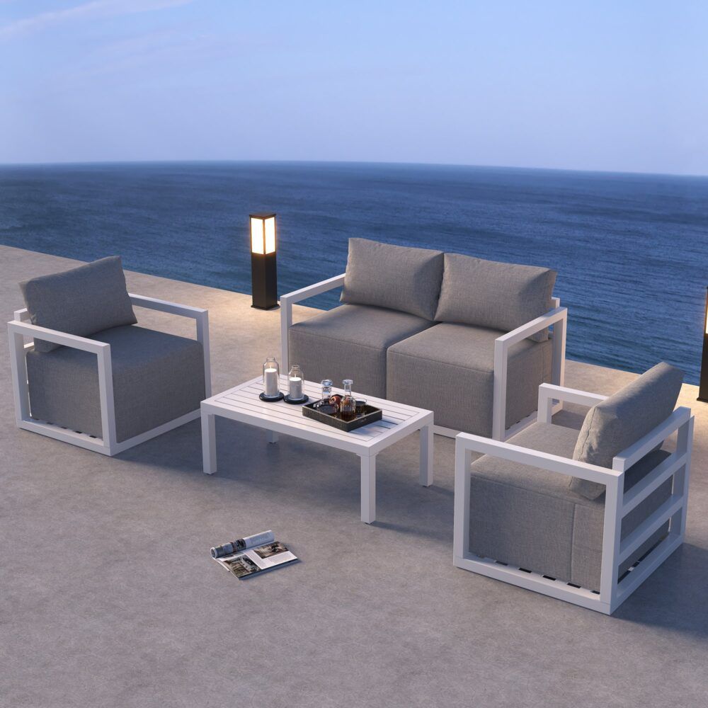 Noosa white aluminium outdoor lounge set on a sunny patio