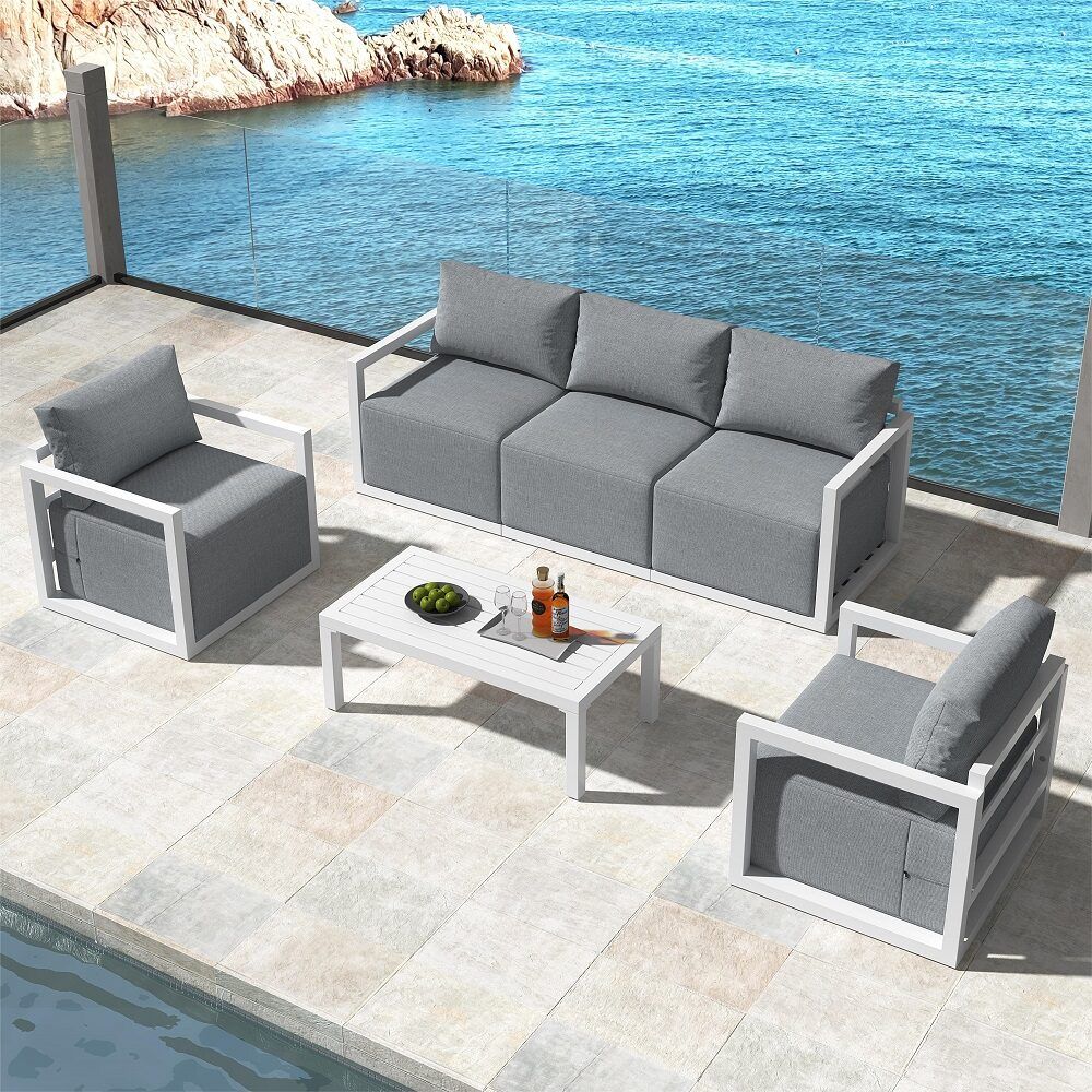 Noosa white aluminium outdoor lounge set on a sunny patio