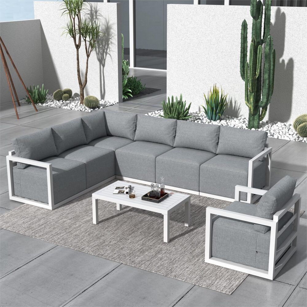Noosa white aluminium outdoor lounge set on a sunny patio
