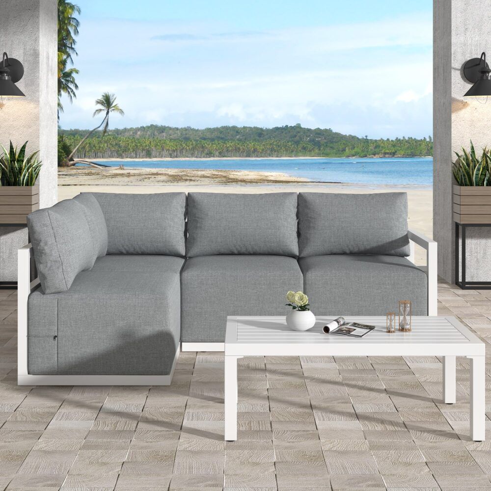 Noosa 5 Piece Outdoor Corner Lounge Set, White Aluminium