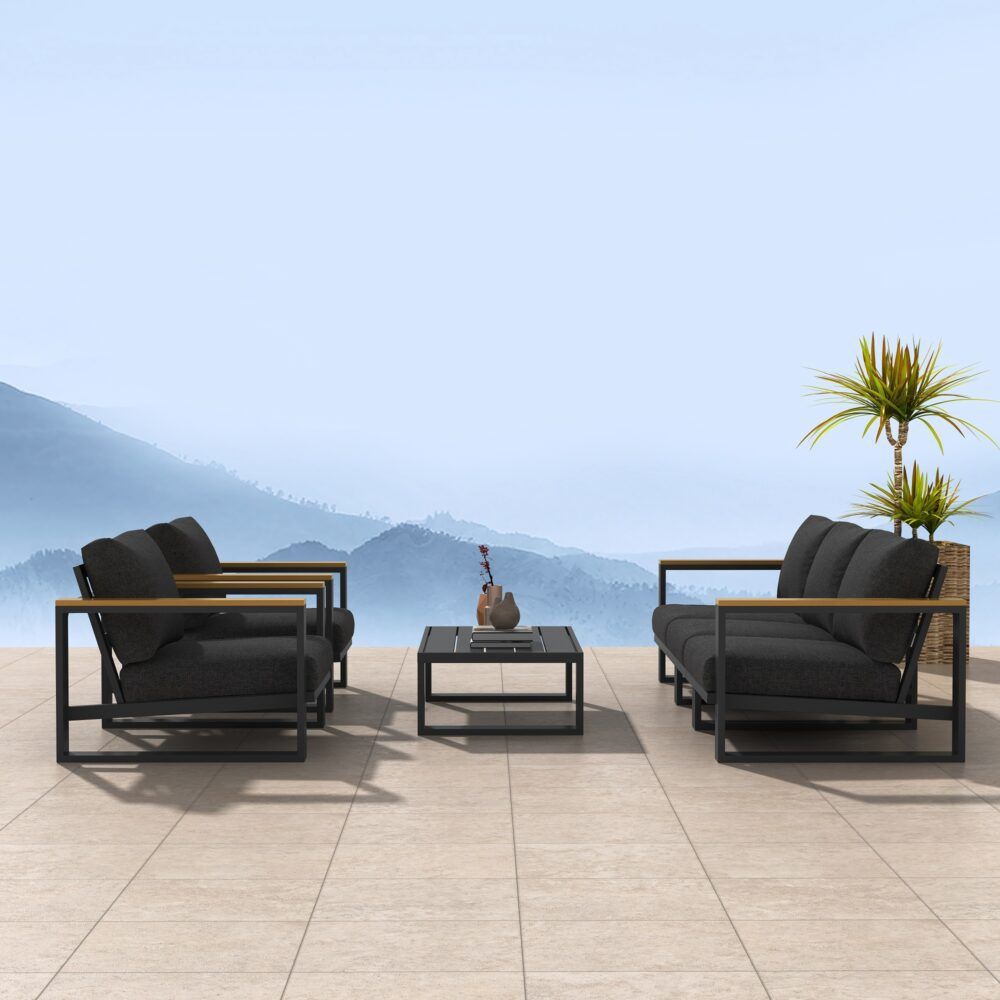 Maroochydore charcoal grey aluminium outdoor lounge set on a sunny patio