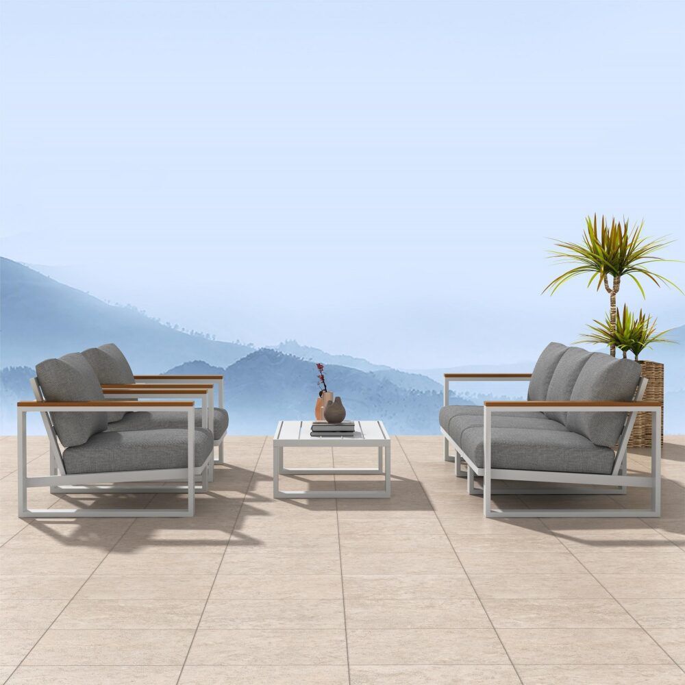 Maroochydore white aluminium outdoor lounge set on a sunny patio