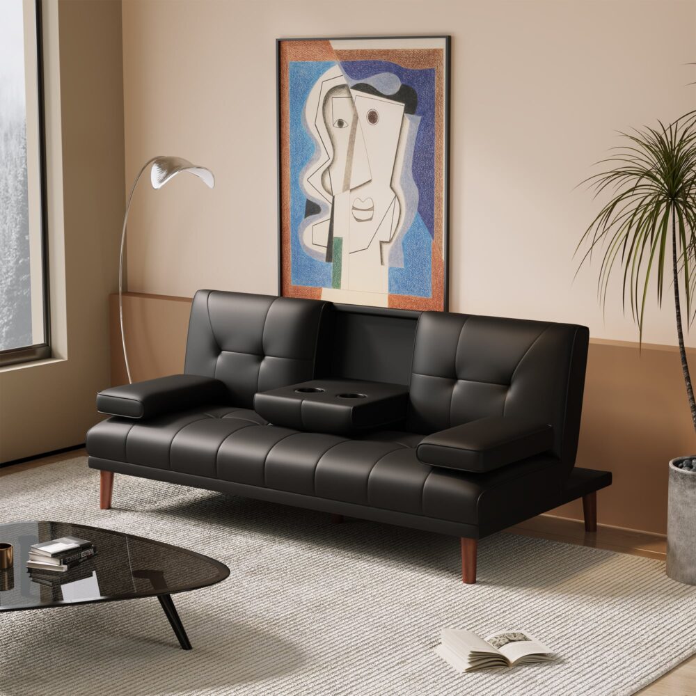 Benissa black tech leather sofa bed in a modern living room