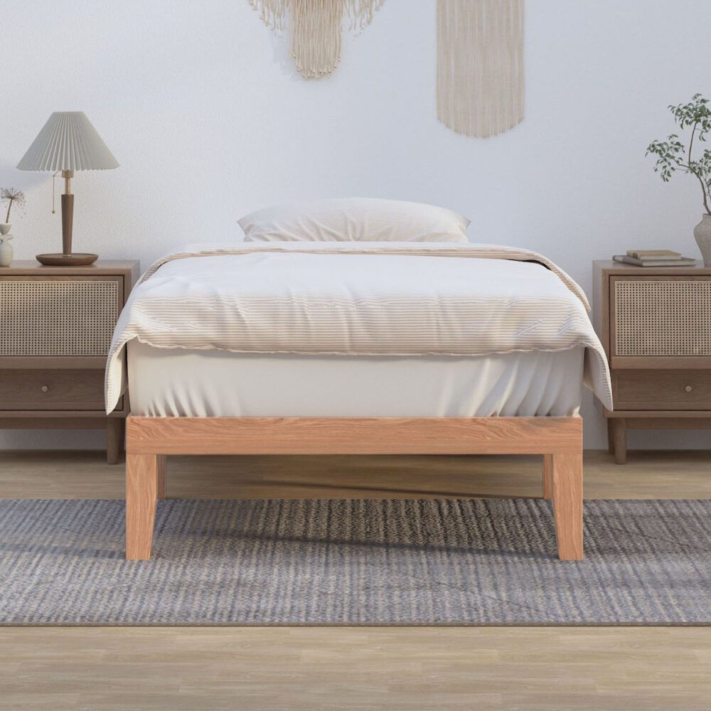 King single wooden bed base close-up showing plywood slat construction — Allure Home Collections