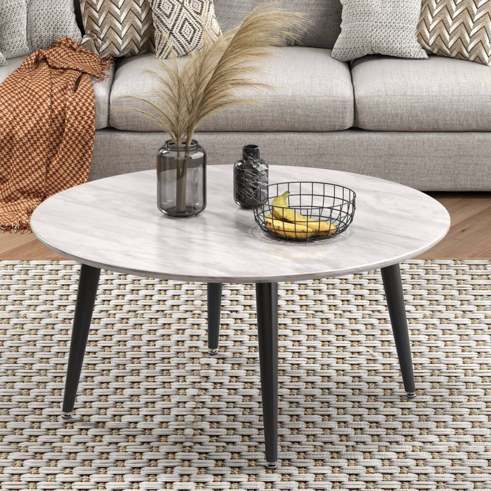Killingworth Round Coffee Table, White Marble Effect