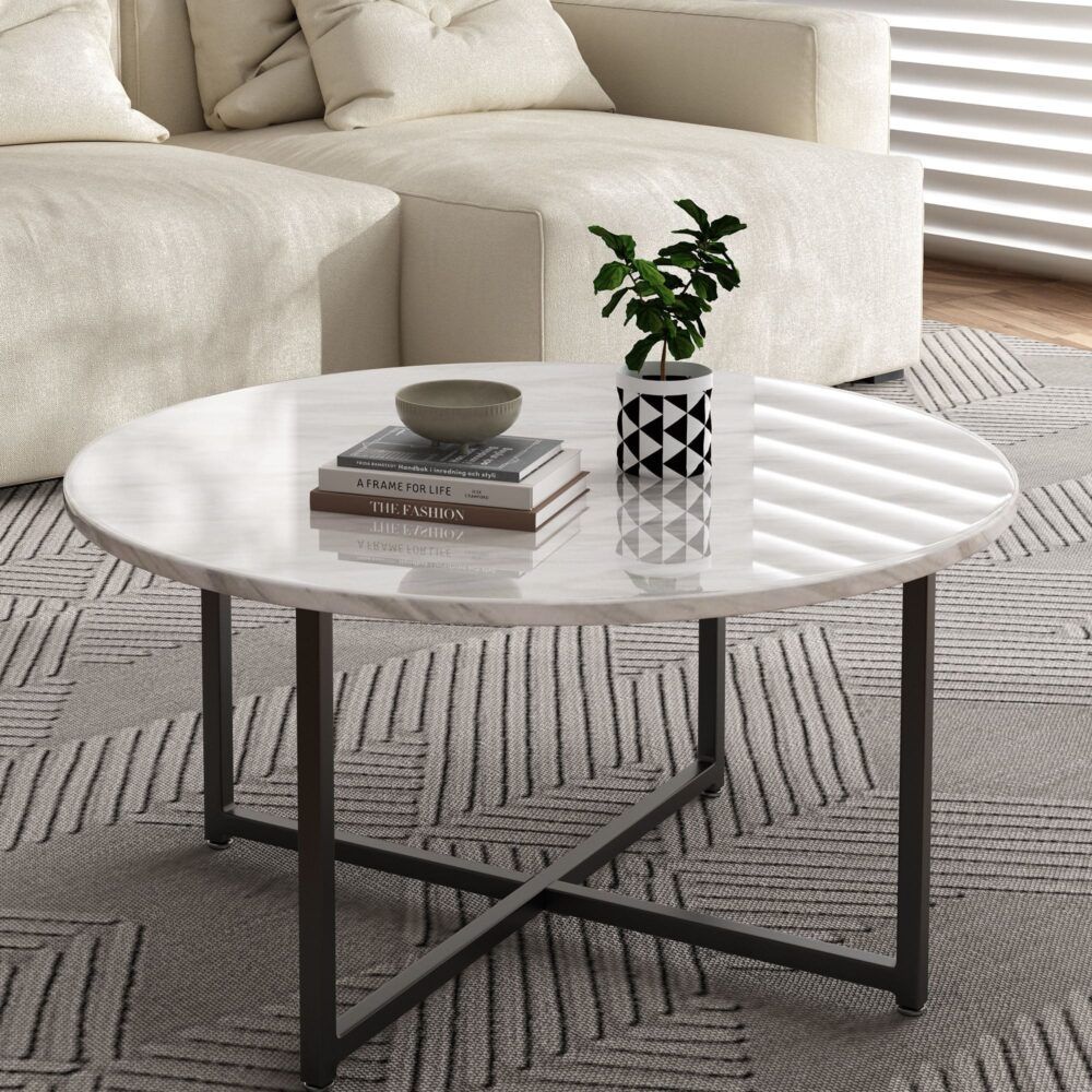 Cathkin Round Coffee Table, White Marble Effect Black Legs