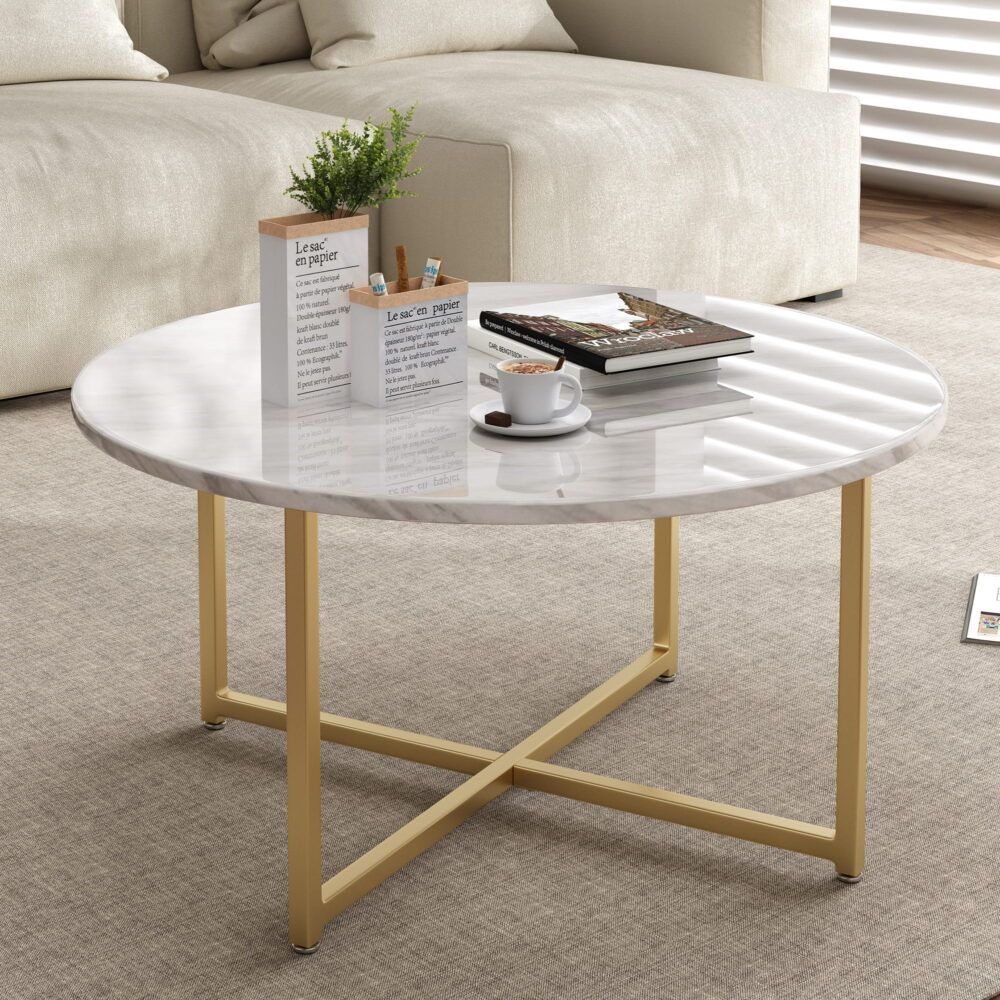 Cathkin Round Coffee Table, White Marble Effect Gold Legs