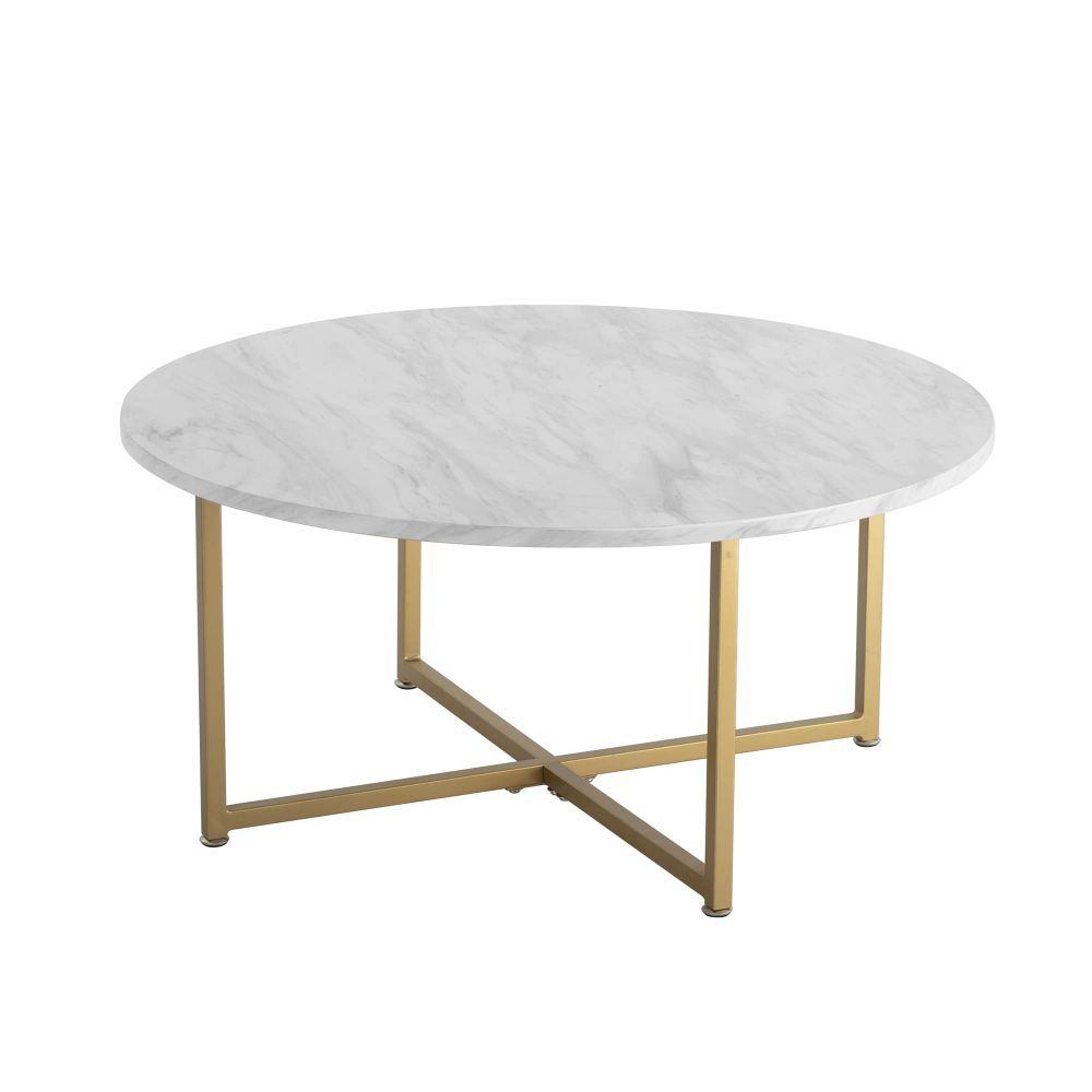 Cathkin Round Coffee Table, White Marble Effect Gold Legs