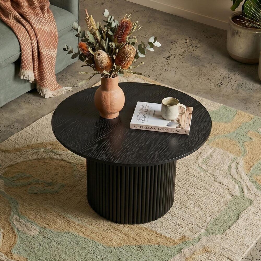 Thornton black timber coffee table in a modern living room