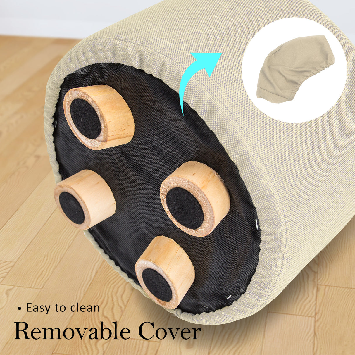 La Bella Round Faux Linen Ottoman with Wooden Legs Beige Black or Dark Blue — Allure Home Collections