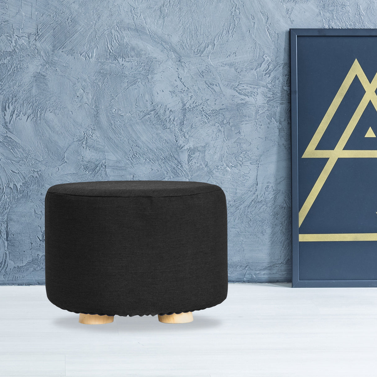 La Bella Round Faux Linen Ottoman with Wooden Legs Beige Black or Dark Blue — Allure Home Collections