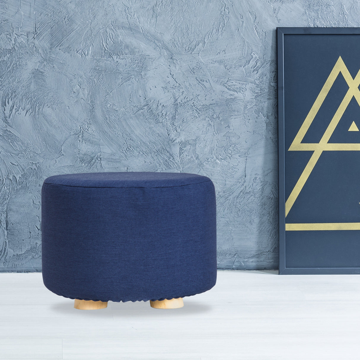 La Bella Round Faux Linen Ottoman with Wooden Legs Beige Black or Dark Blue — Allure Home Collections