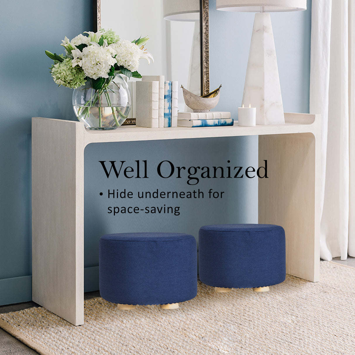 La Bella Upholstered Round Ottoman Set of 2 Wooden Legs Beige Black or Dark Blue — Allure Home Collections