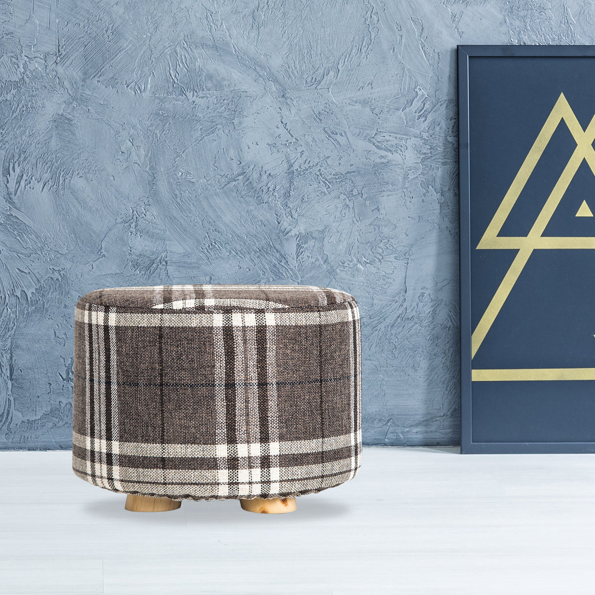 La Bella Round Faux Linen Ottoman with Wooden Legs Beige Black or Dark Blue — Allure Home Collections
