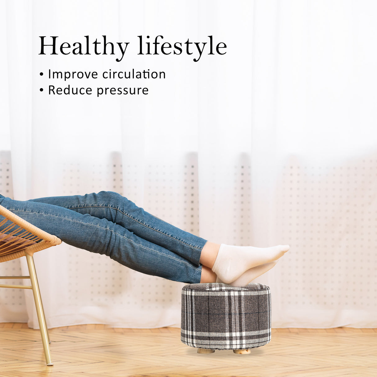 La Bella Upholstered Round Ottoman Set of 2 Wooden Legs Beige Black or Dark Blue — Allure Home Collections
