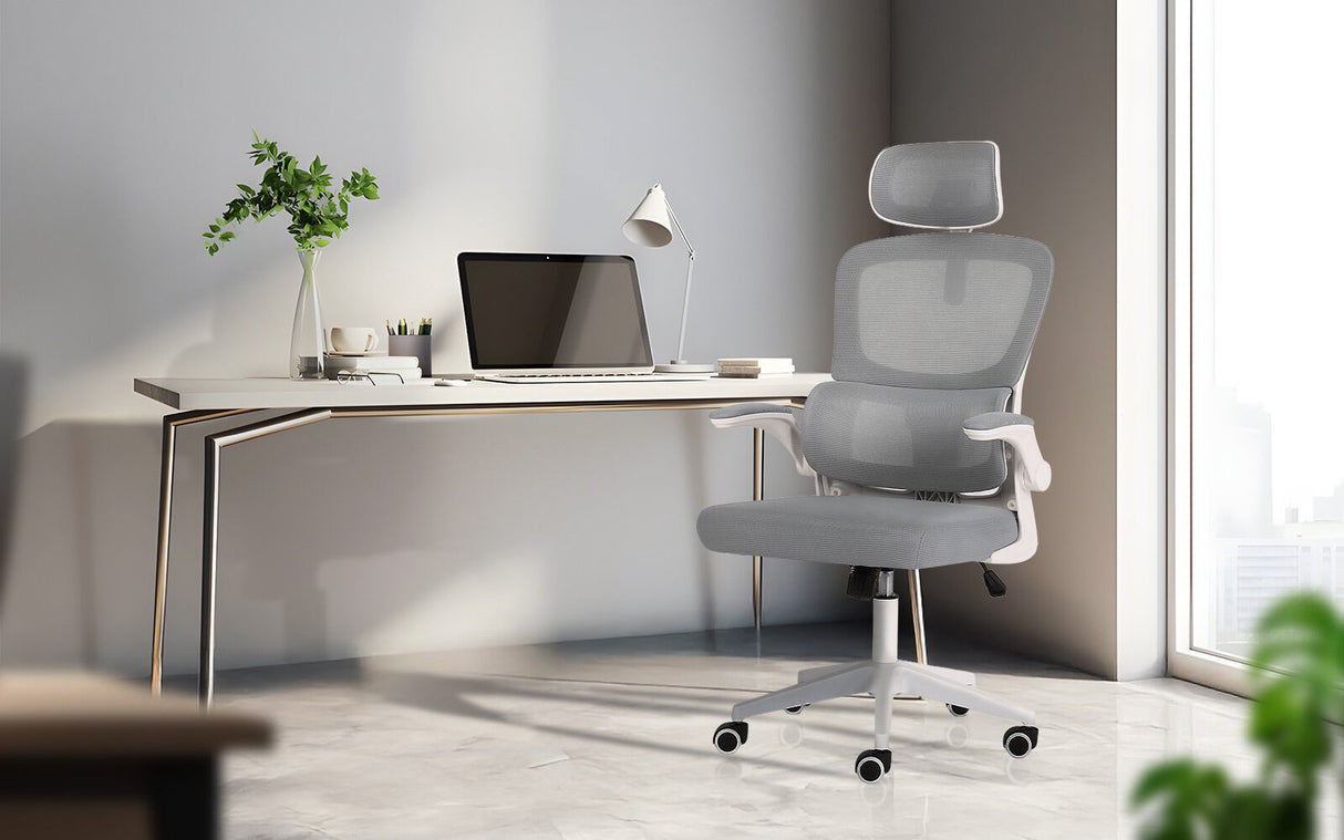 Bridgetown grey mesh office chair with flip up armrests in a home office