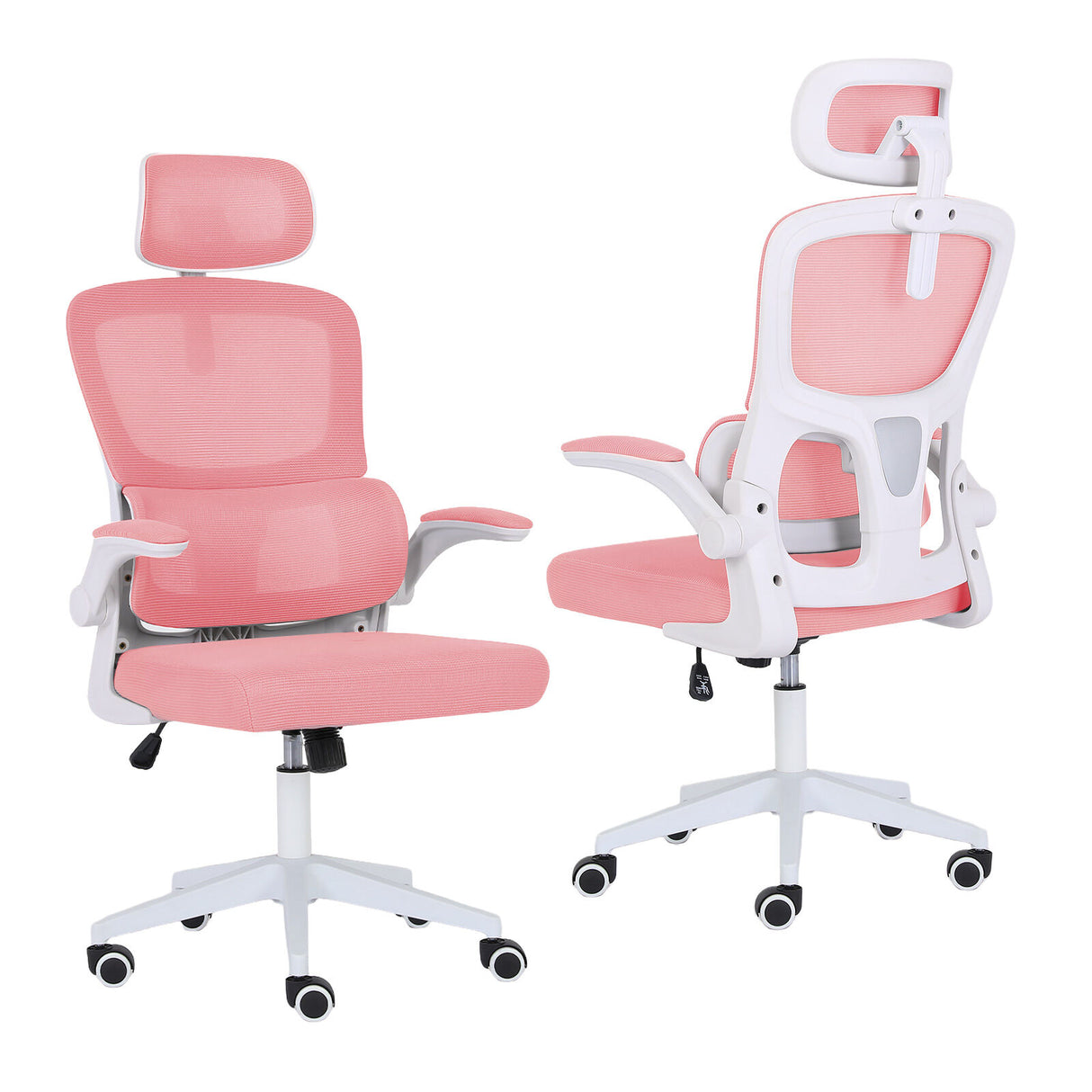 Bridgetown pink mesh office chair with flip up armrests in a home office