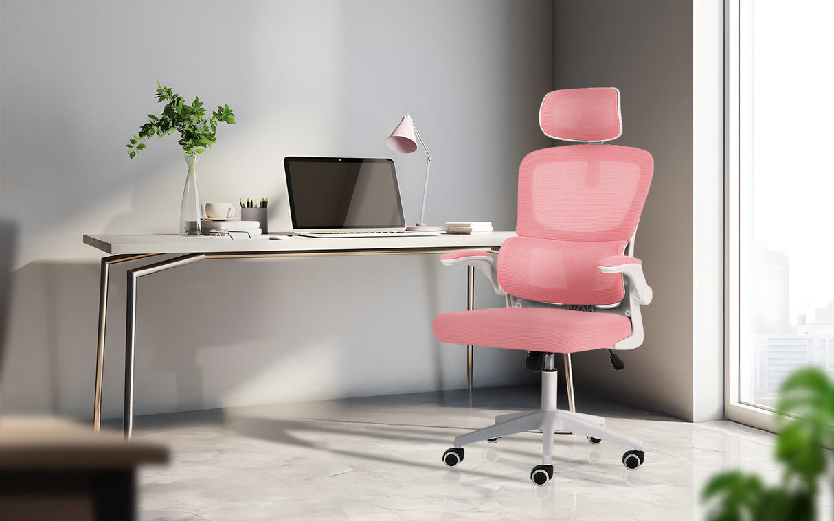 Bridgetown pink mesh office chair with flip up armrests in a home office
