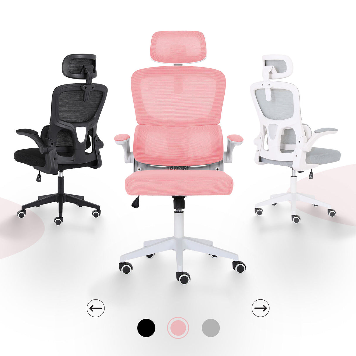 Bridgetown pink mesh office chair with flip up armrests in a home office