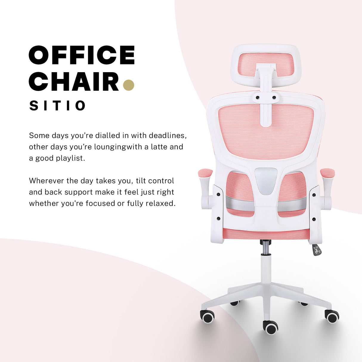 Bridgetown pink mesh office chair with flip up armrests in a home office