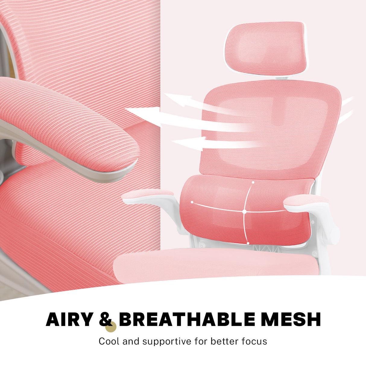 Bridgetown pink mesh office chair with flip up armrests in a home office