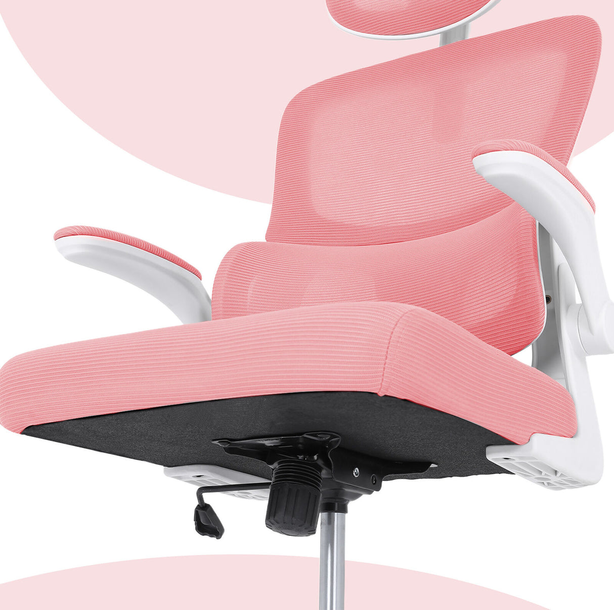 Bridgetown pink mesh office chair with flip up armrests in a home office