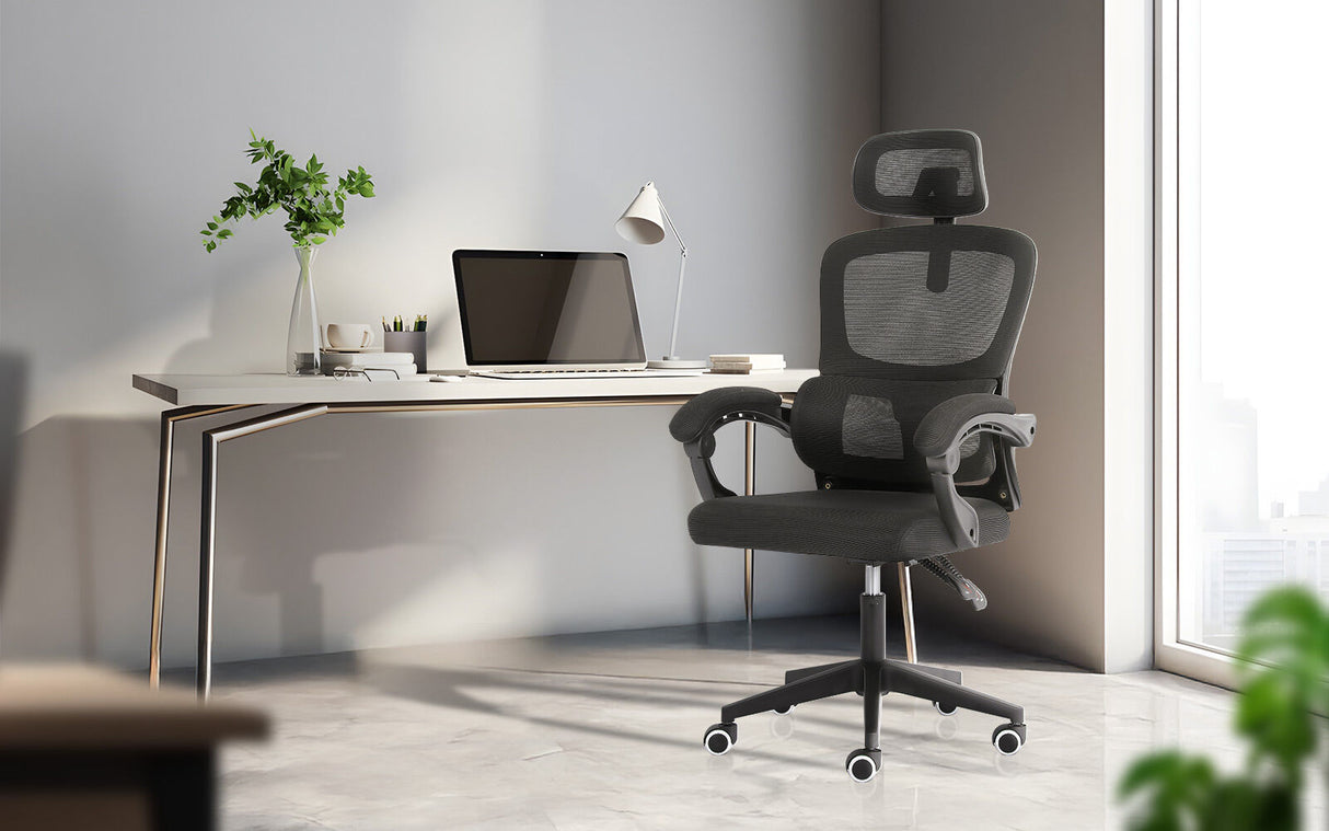 Brookton black ergonomic mesh office chair with adjustable headrest and recline
