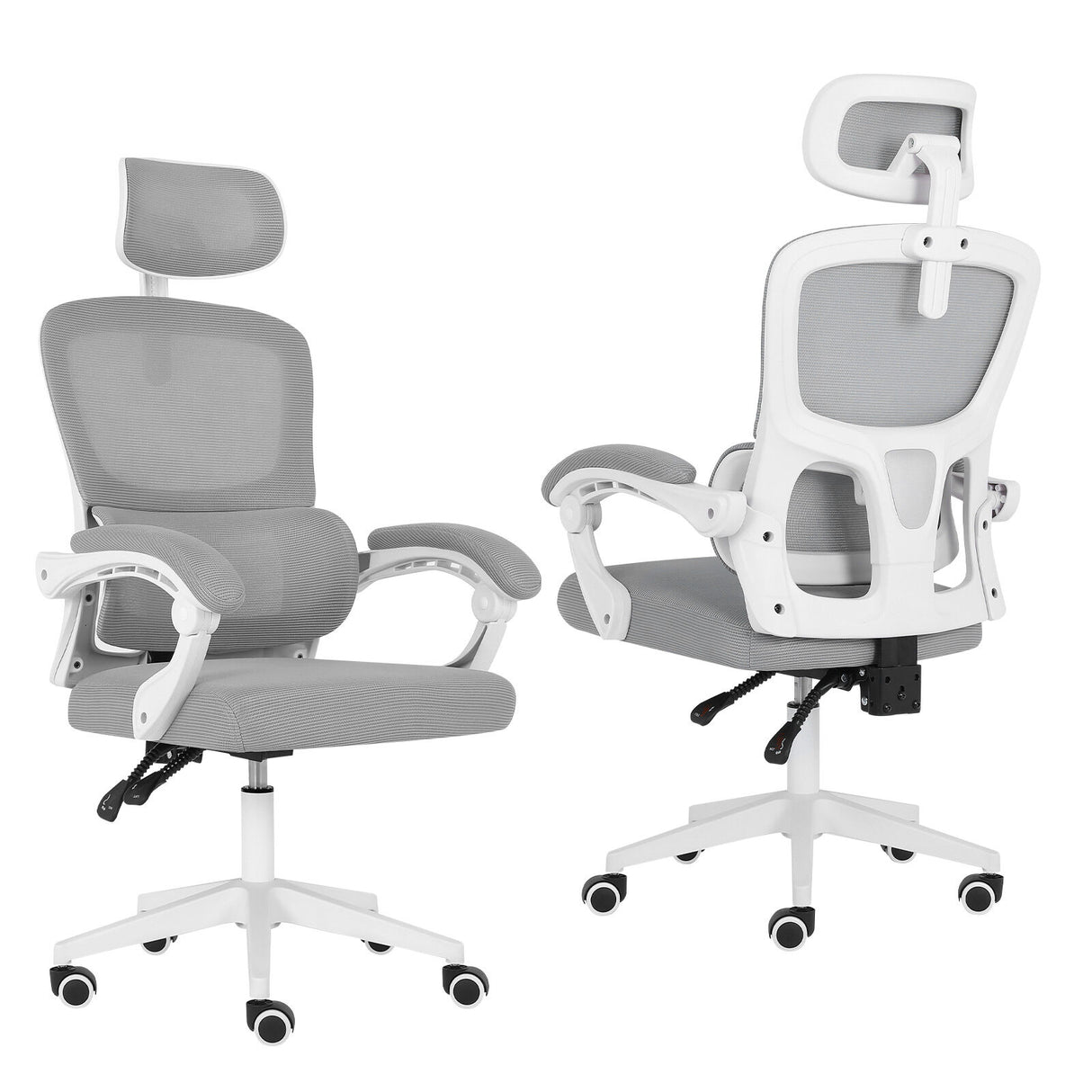 Brookton grey and white ergonomic mesh office chair with adjustable headrest and recline