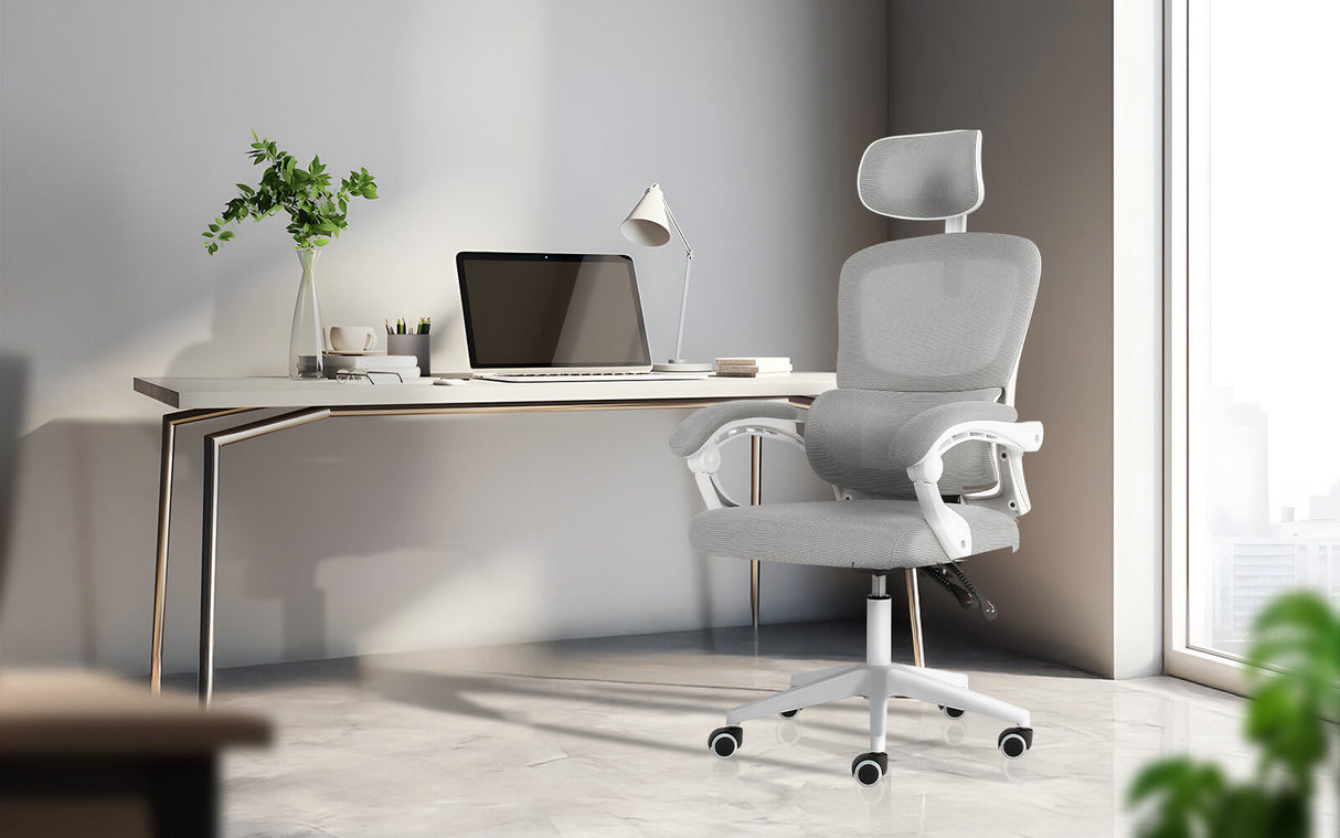 Brookton grey and white ergonomic mesh office chair with adjustable headrest and recline