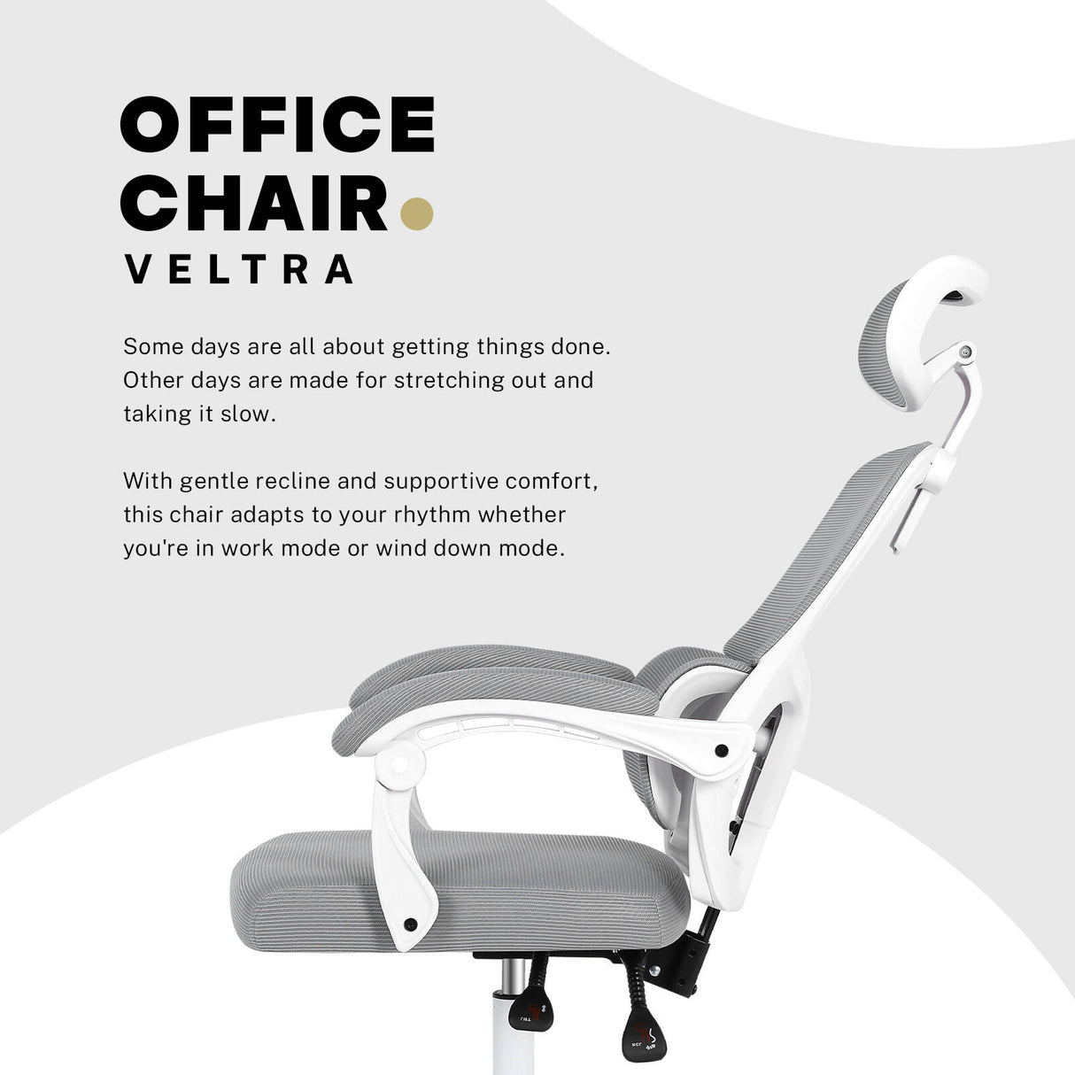 Brookton grey and white ergonomic mesh office chair with adjustable headrest and recline