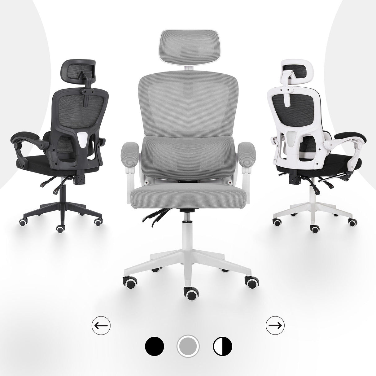 Brookton grey and white ergonomic mesh office chair with adjustable headrest and recline