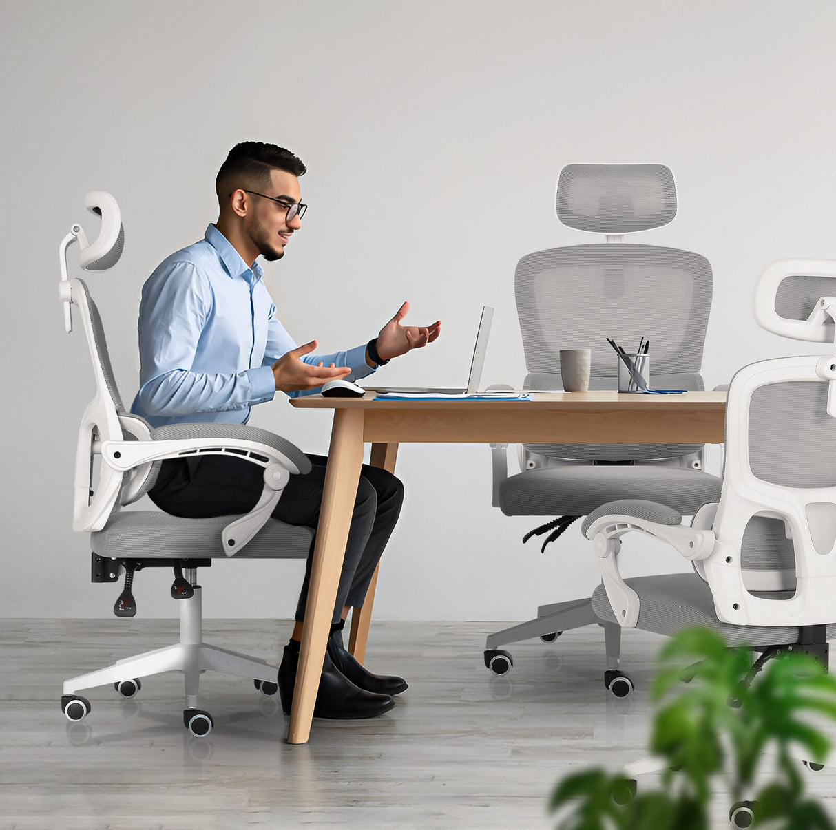 Brookton grey and white ergonomic mesh office chair with adjustable headrest and recline