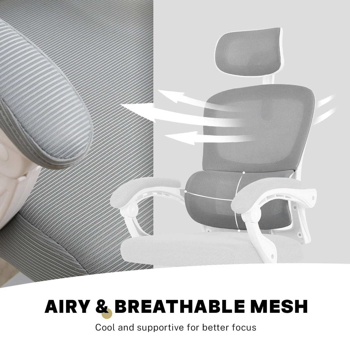 Brookton grey and white ergonomic mesh office chair with adjustable headrest and recline