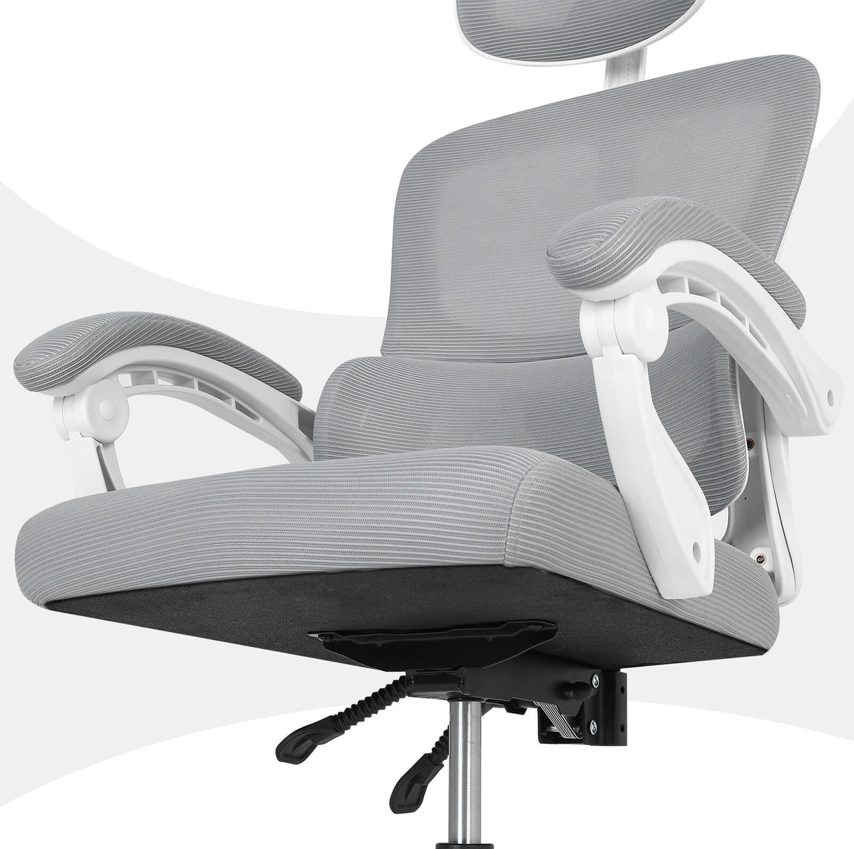 Brookton grey and white ergonomic mesh office chair with adjustable headrest and recline