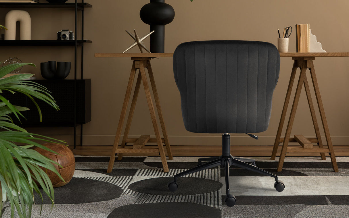 Balingup black velvet swivel office chair at a home desk