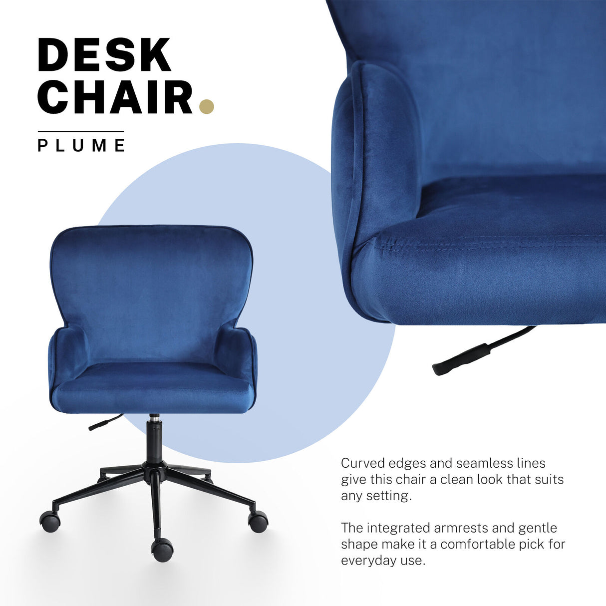Balingup blue velvet swivel office chair at a home desk
