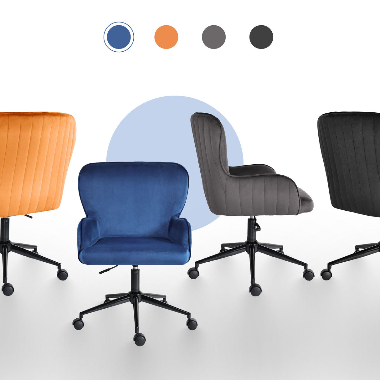 Balingup blue velvet swivel office chair at a home desk