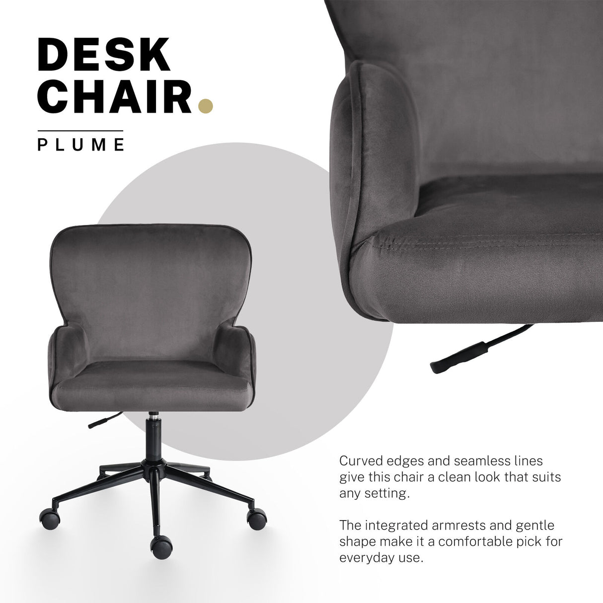 Balingup grey velvet swivel office chair at a home desk
