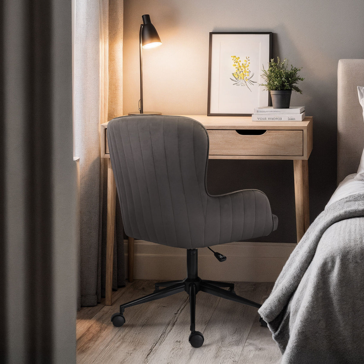 Balingup grey velvet swivel office chair at a home desk