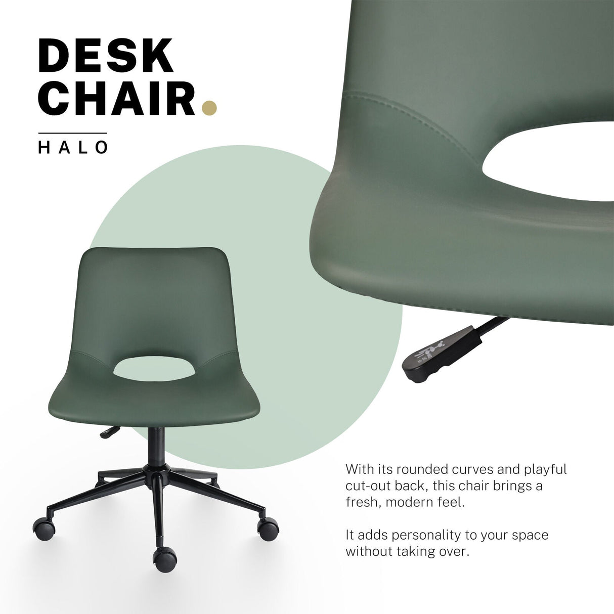 Floreat set of two green pu leather swivel office chairs with cut out seats in a home workspace