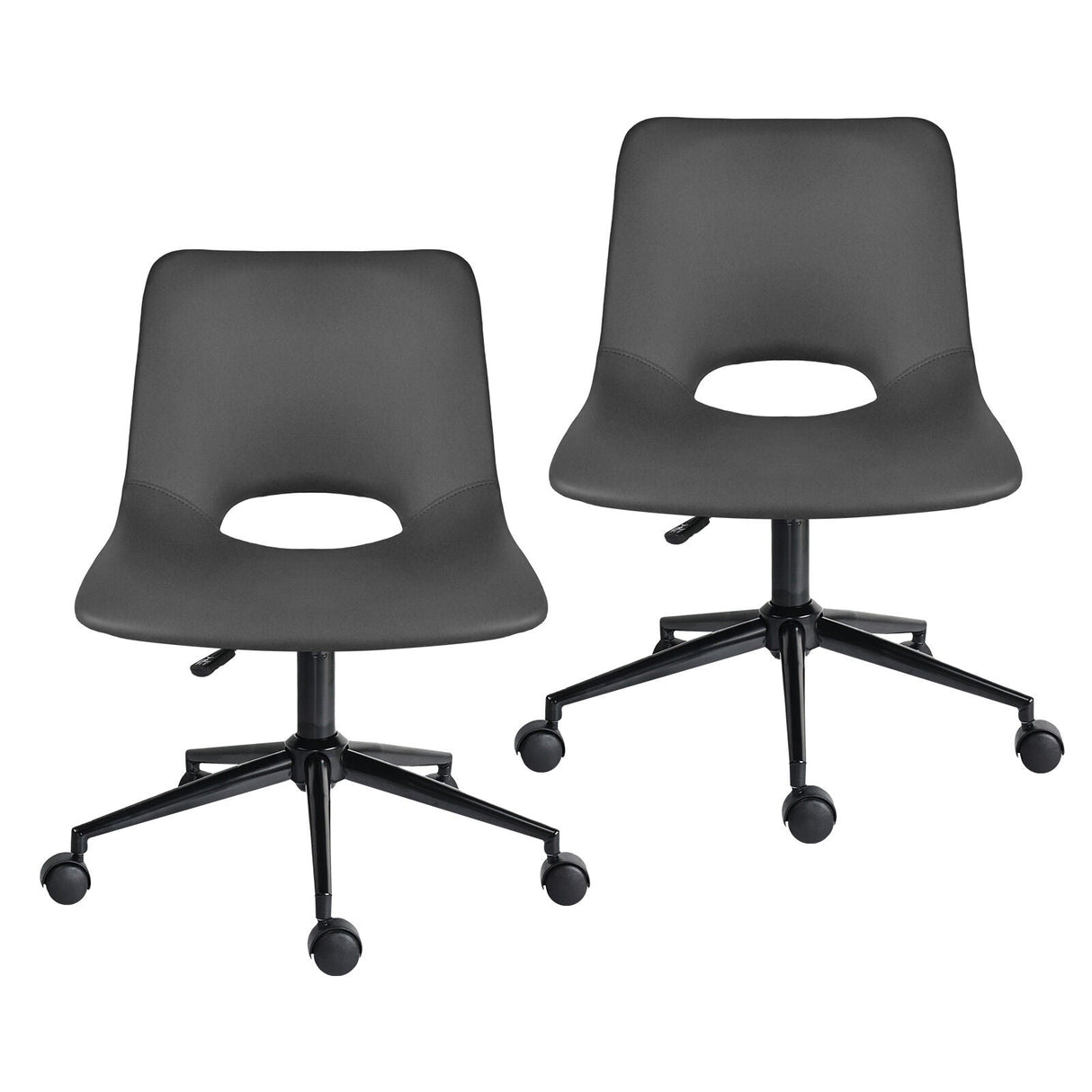 Floreat set of two grey pu leather swivel office chairs with cut out seats in a home workspace