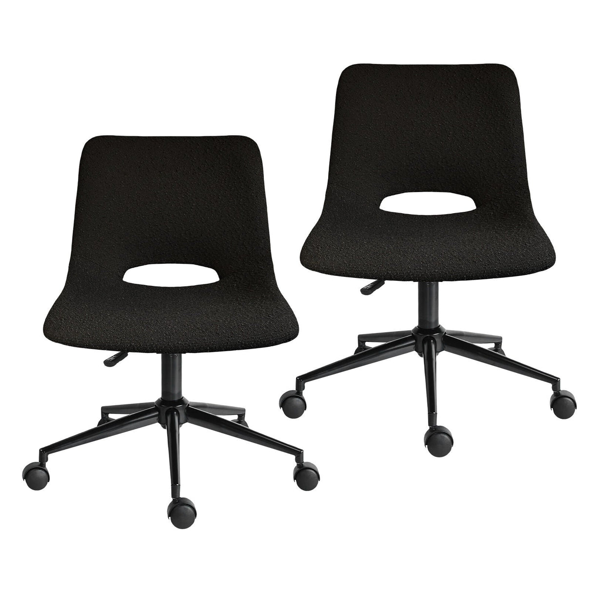Floreat set of two black swivel office chairs with cut out seats in a home workspace