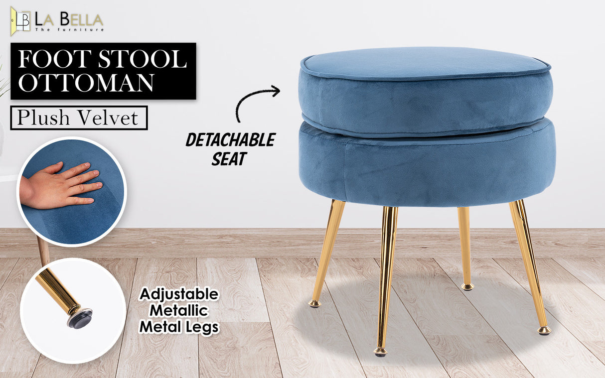 La Bella Velvet Round Ottoman with Gold Legs Navy Blue Yellow or Pink — Allure Home Collections