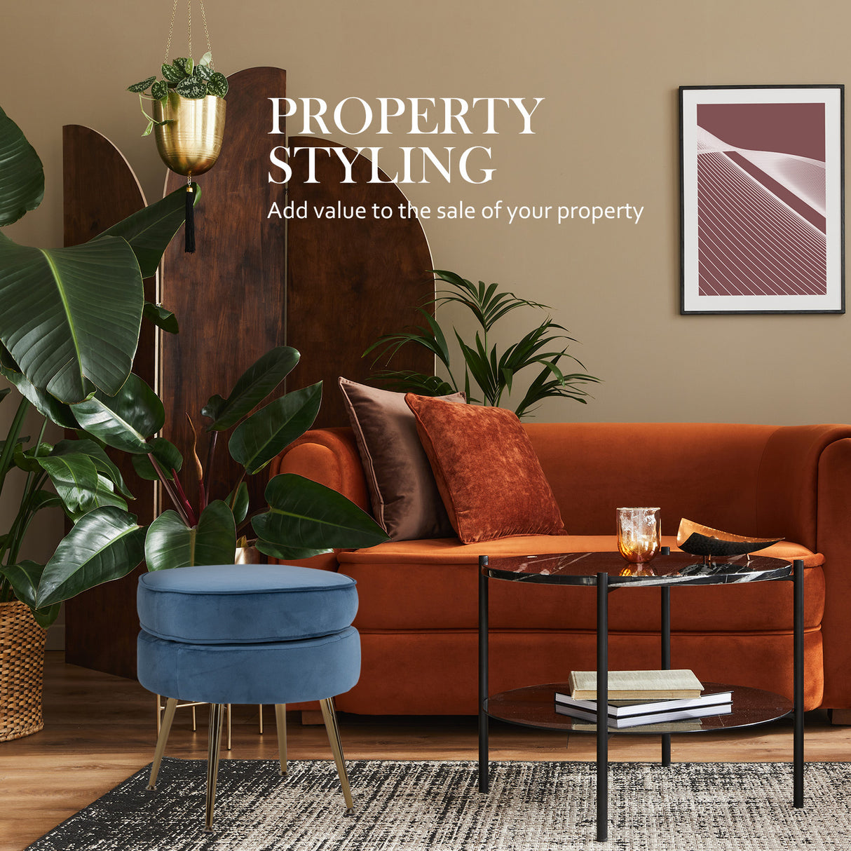 La Bella Velvet Round Ottoman with Gold Legs Navy Blue Yellow or Pink — Allure Home Collections