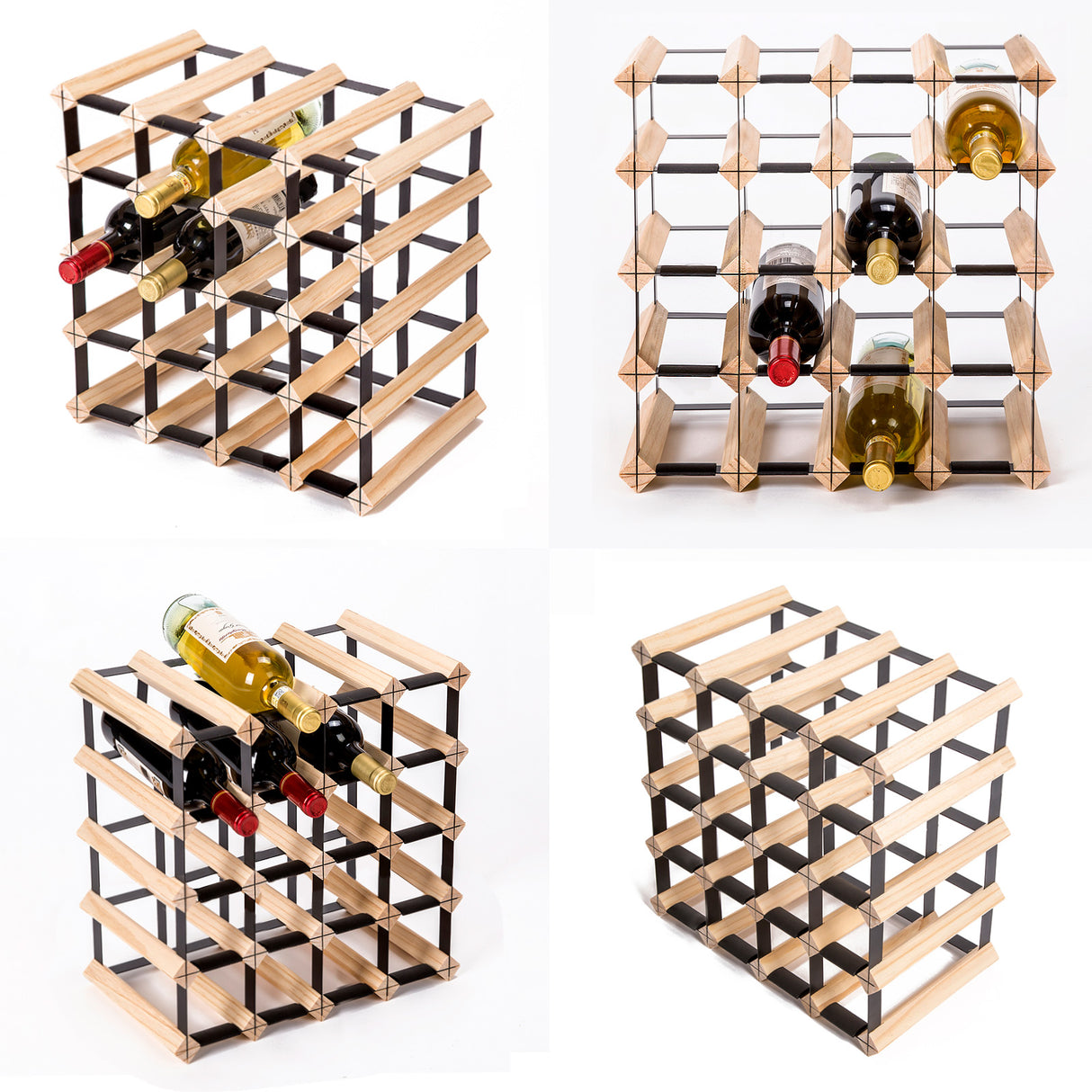 Natural pine and steel timber wine rack holding 20 bottles