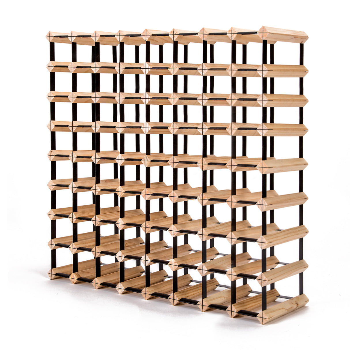 Natural pine and steel timber wine rack holding 72 bottles